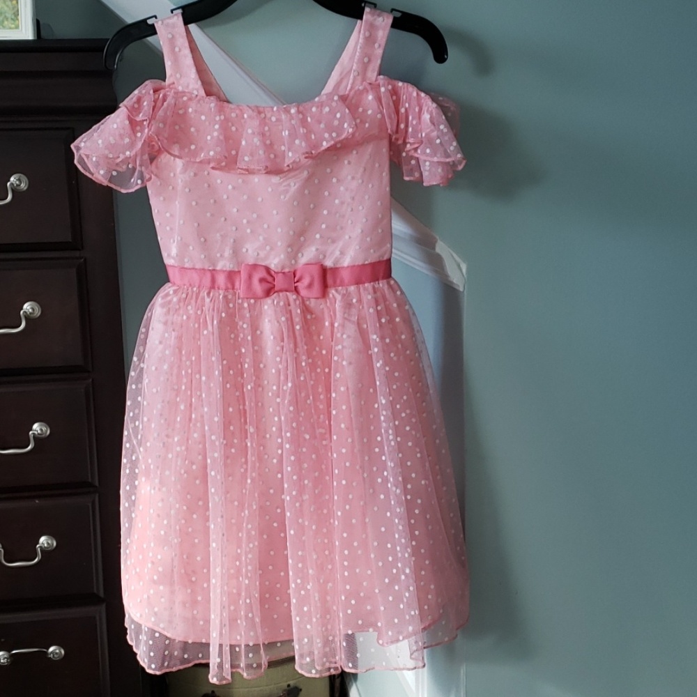 Peach-pink polkadot matching sister dress